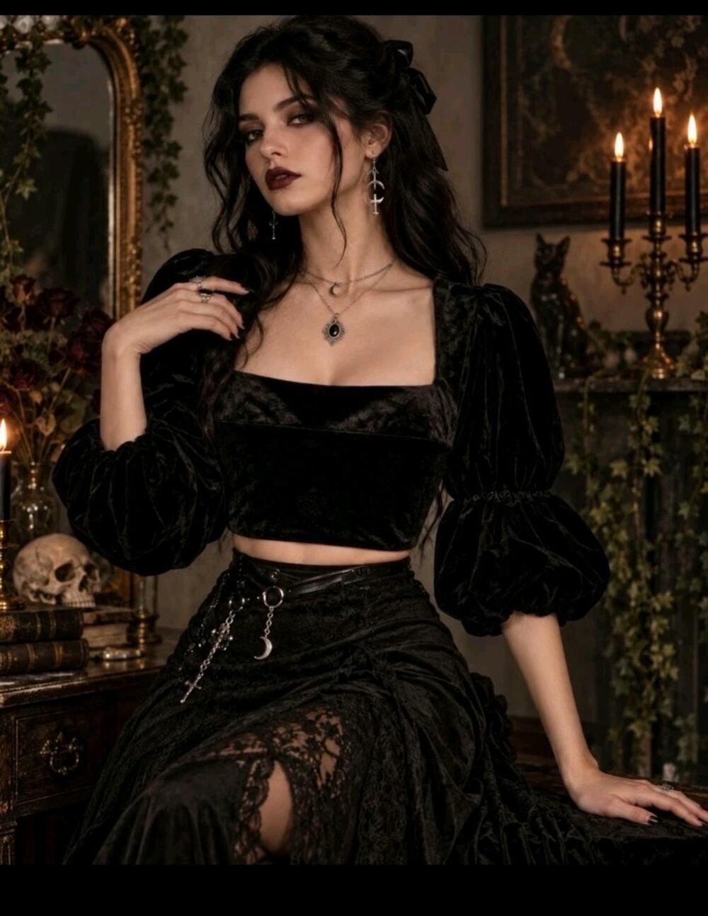 Urban Outfitters black velvet square neck puff sleeve milkmaid Crop top Medium